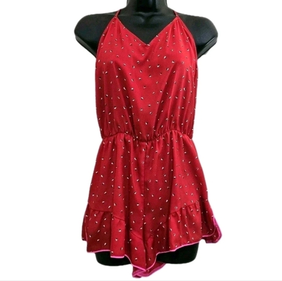 Victoria's Secret Other - VICTORIA'S SECRET size Small Heart‎ Print Sleep Lounge V Neck Romper Red